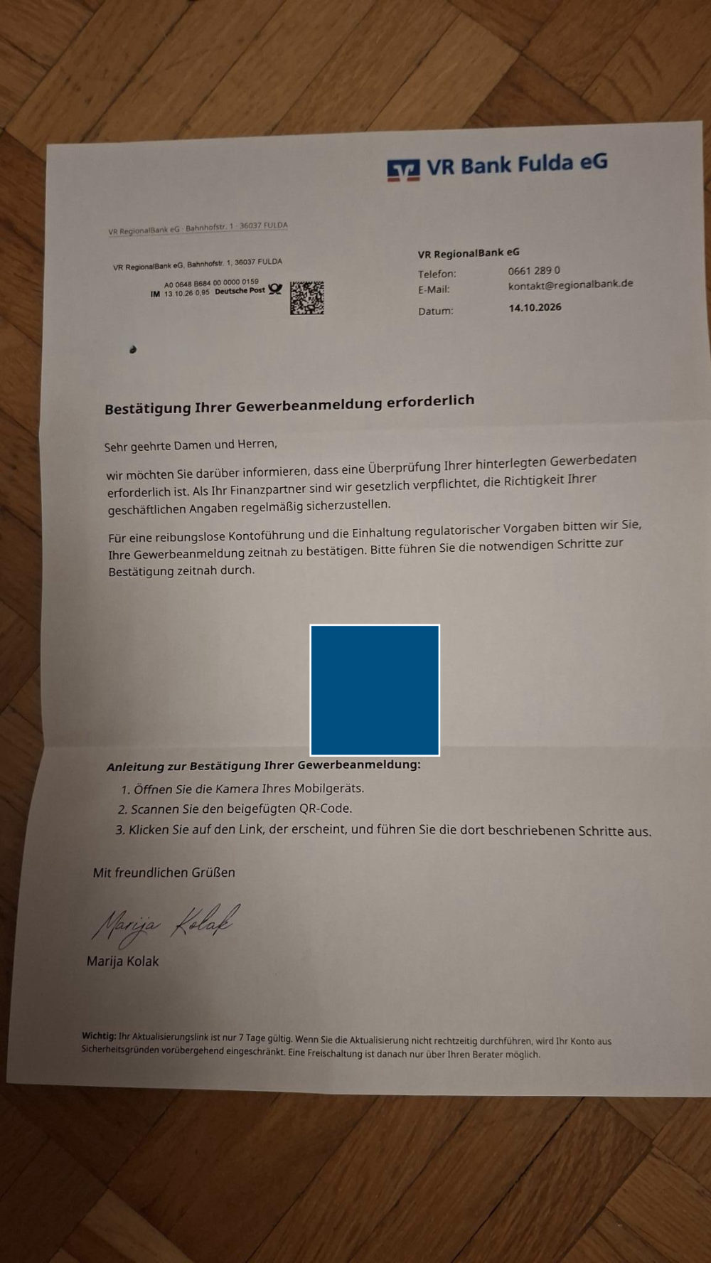 Gefälschter Brief im Namen der VR Bank Fulda eG mit QR-Code – Quishing-Betrugsversuch